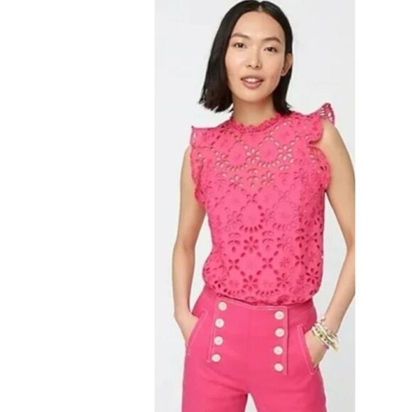 J.CREW Tops - J.CREW Women's Tank Top Sz S Hot Pink Eyelet Lace Mock Neck Ruffle Pullover
